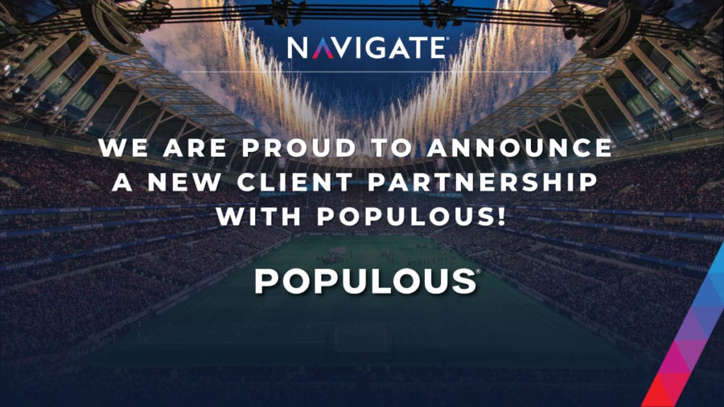 Navigate and Populous logo with soccer field in back