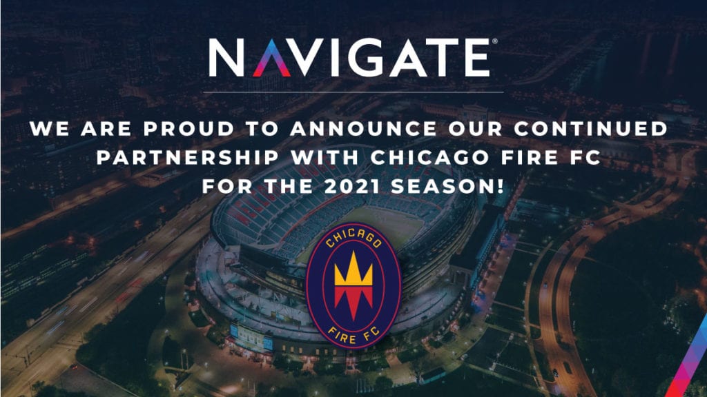 Navigate and Chicago Fire FC logo with soccer arena in back