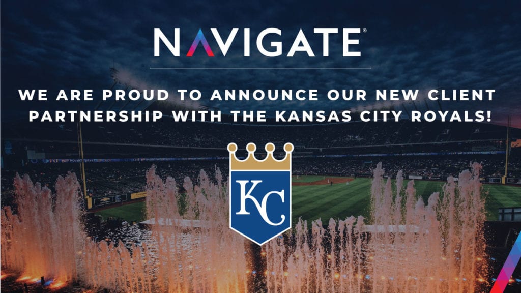 Navigate and KC royals logo with baseball field in back