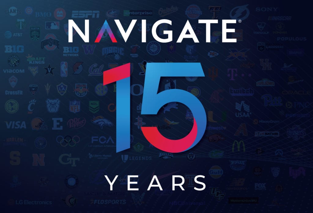 Navigate 15 years written in blue with sports logos watermark behind